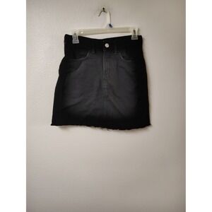 HM Denim Black Mini Skirt Raw Hem High Waisted Size 2 Faded Wash 0271544